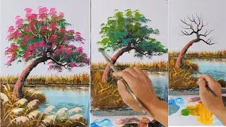 Step-by-Step Acrylic | Pampas Grass Field by the River & Pink Blossom Tree | Easy for Beginners