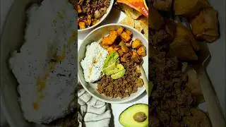Sweet Potato Hot Honey Ground Beef Bowls with Cottage Cheese #recipe #easyrecipe #dinnerrecipe