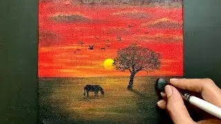 Red Sunset Acrylic Painting for Beginners | Horse Silhouette Landscape Tutorial