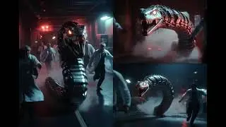 A robotic snake escapes a military lab, causing chaos in a dark, industrial setting.