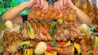 BRAISED PORK BABY BACK RIBS With EGG, BOK CHOY, CORN and GINISANG SAYOTE RICE MUKBANG PINOY MUKBANG