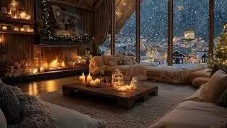 Soothing Winter Piano | Snowfall & Fireplace Ambience for Relaxing Night
