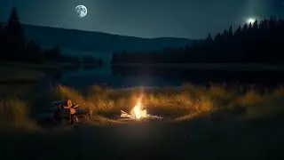🌕 Moonlit Spring Meadow ASMR Ambience ⭐️ Campfire, Crickets, Owls, Gentle Lapping Waves