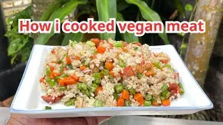Simple Vegan Meal with vegan meat, string bean, rice mix together