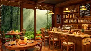 💦Rainy Day at Forest Coffee Shop Ambience ☕ Relaxing Jazz Music & Rain Sounds for Work, Study, Sleep