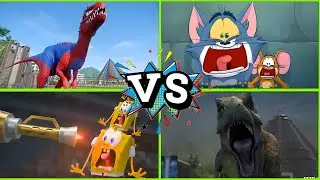 Dinosaur Spiderman vs Tom&Jerry! Spongebob Escape Challenge | Tiles Hop Wheel Spin #tileshop #funny