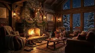 Cozy Winter Lodge at Night ❄️ Falling Snow, Fireplace & Warm Ambience