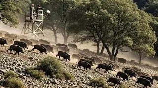 Wild Boars Rush Out of Oak Forest - Hunters Stop Their Invasion on Their Farm