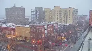 View of snow falling in downtown Macon