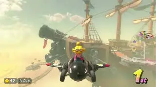 Mario Kart World: Peach (Aviator) races in DS Airship Fortress