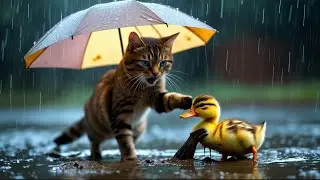 The Duckling Was Crying in the Rain&hellip; Until a Cat Saved Him!🌧️ 🦆 😺#trending #love #funny #facts