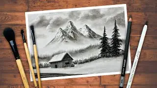 Snowy Mountain Landscape Drawing | Realistic Winter Scenery Sketch | Charcoal Pencil Art