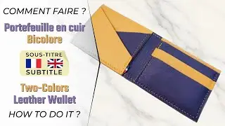 Portefeuille en cuir bicolore fait main 🟣🟡Maroquinerie artisanale