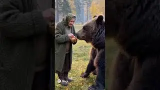 An Elderly women feeding a bear.🐻