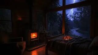 Heavy Thunderstorm at Night ⛈️ Cozy Cabin Fireplace Ambience for Insomnia