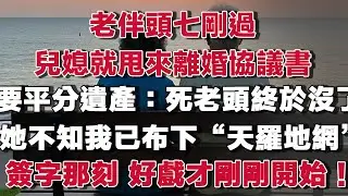 老伴頭七剛過兒媳就甩來離婚協議書要平分遺產：死老頭終於沒了她不知我早已布下“天羅地網”簽字那刻 好戲才剛剛開始！​#情感故事 #養老故事 #樂齡故事匯