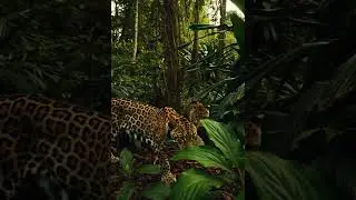 Leopard and a powerful jaguar prowling through a dense vibrant jungle