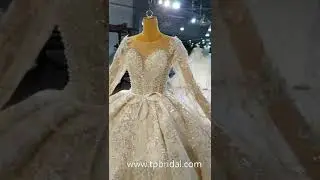 Sweetheart ball gown long sleeve pearl beaded sparkly lace long train wedding dress