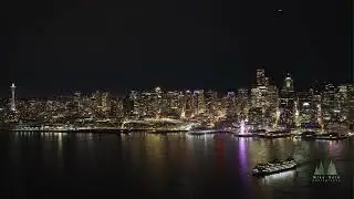 Seattle Skyline Reflections at Night | Elliott Bay (4K Aerial)