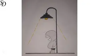 A girl is sitting alone under a street lamp | How to draw