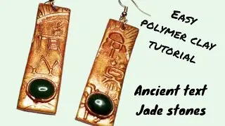 Polymer clay ancient text earrings using a stamp and real gemstones, faux metal, easy, DIY