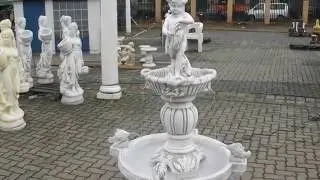 Fischbrunnen Springbrunnen mit Wasserspeier Fische und Putte Gartendekoration Steinkunst HGH Dekor