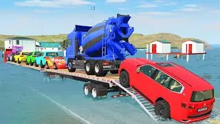 Triple Flatbed Trailer McQueen Transportation with Truck - Speedbumps vs Cars vs Train - BeamNG #