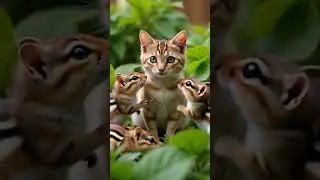 Cute cat interacts with the chipmunk family