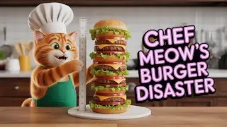 Chef Meow vs the Giant Burger Disaster! #cooking #cat #cheese #burger #bun