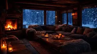 Sleep Piano Music By The Fireplace | Cozy Cabin Night Ambience With Snow For Deep Rest