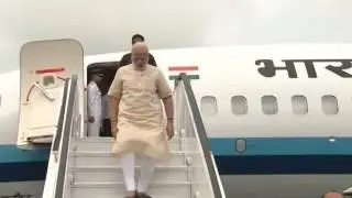 Narendra Modi arrives at Jamnagar airport in Gujarat in Air Force plane