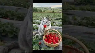 A cat is picking strawberries and doing many such things #cat #cutecatcooking