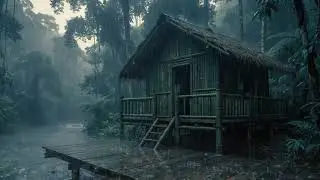 ASMR Rain pouring down on a Bamboo Hut beside a calm Forest River