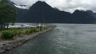 Near Hustadnes Fjordhytter, Norway. View from the bridge.