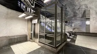 STILL ORIGINAL!!! 1975 KONE Inclined Traction Elevator @ Hjulsta Subway station, Stockholm, Sweden.