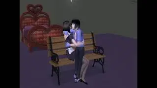 Sims 2 Kiterine kissing her boyfriend Rumota lapsitting kiss (Maid Butler Outfit)