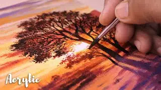 I painted tree leaves in sunset | Acrylic Painting Time Lapse | landscape painting