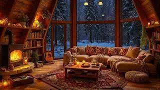 Cozy Winter Cottage Ambience ❄️Warm Jazz Music, Crackling Fireplace & Snowy Night for Relax & Focus