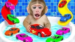 Monkey BONBON Play Monster Truck car in Rainbow Slide Track - Monkey BONBON Series