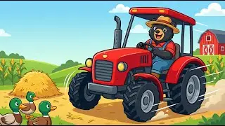 Amazing Red Tractor & Round Baler! 🚜 Bear Farmer Harvests Hay Bales | Farm Vehicles for Kids
