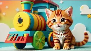 Bingo cat playing with toys - plane, train, teddy bear, ball, blocks. Kids Song