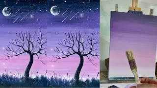 Beautiful Night Sky Painting | Dry Tree Under the Moon and Shining Stars 🌙✨