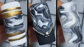 Easy Drag Marble Nails | BLACK AND WHITE NAILS | New Nail Art Compilation #406 | Nailicious