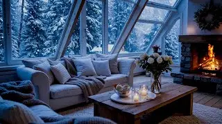 Calm Winter Piano in Cozy White Room ☃️ | Snow View Fireplace Ambience | Chill Study & Meditation