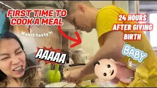 24 hours after giving birth at home | Husband's First Time Cooking a Meal 😂 Filipina Russian Family