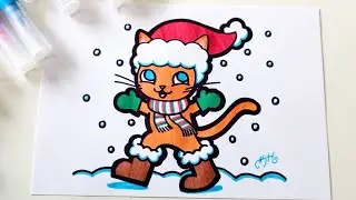 How to draw a cute cat in winter - easy drawing and coloring with markers