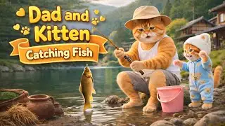 Kitten and Dad Catching Fish Together 🐱🎣 | Cute Family Cat Story