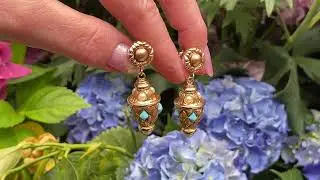 Italian Vintage 14K Gold Exotic Etruscan Inspired Drop Turquoise Pearl Earrings