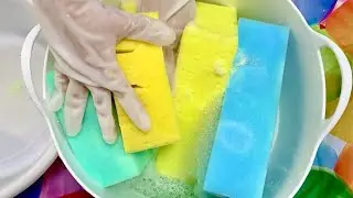 【ASMR】Huge block sponges 💛💚💙Rinsing