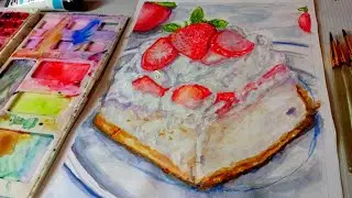 Watercolor Painting of a Strawberry Cheesecake || Food illustration, Paint with me 